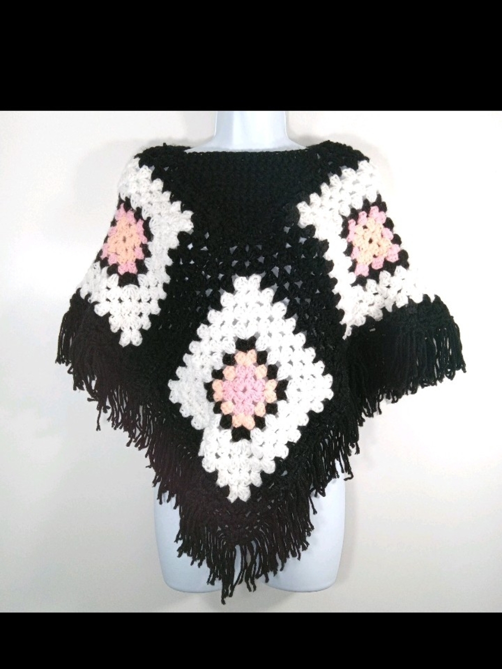 Vtg Handmade Black, White & Pink Crochet Fringe Poncho
